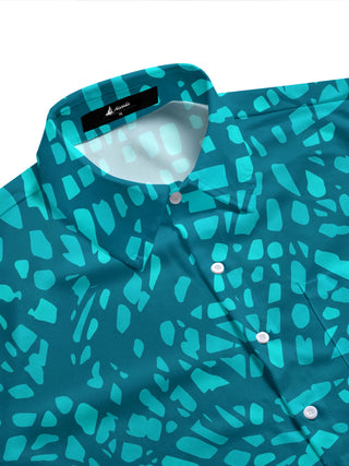 Adaychic Men's Teal Geometric Mosaic Print Short Sleeve Button Down Shirt with Chest Pocket