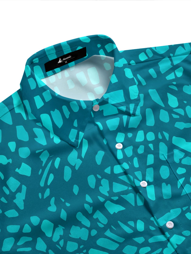 Adaychic Men's Teal Geometric Mosaic Print Short Sleeve Button Down Shirt with Chest Pocket