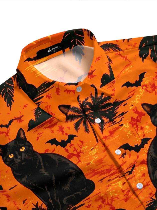 Adaychic Men's Hawaiian Black Cat Print Short Sleeve Shirt with Chest Pocket