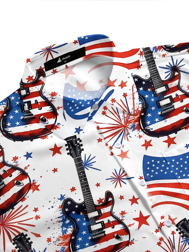 American Flag Guitar Fireworks Men's Pocket Short Sleeve Shirts