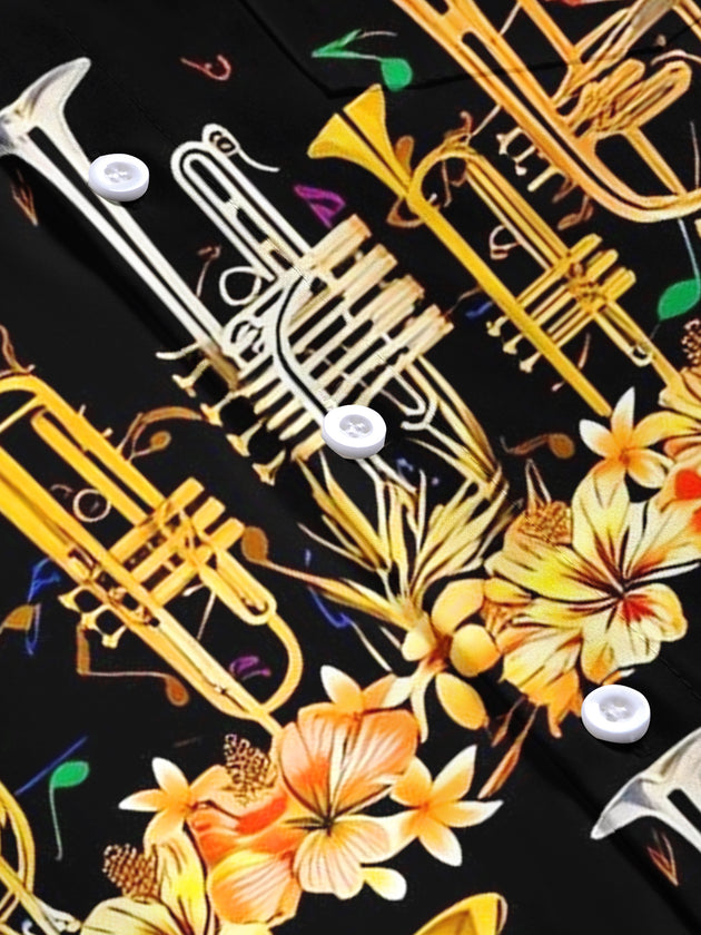 Adaychic Men's Hawaiian Brass Instruments Print Short Sleeve Shirt with Chest Pocket