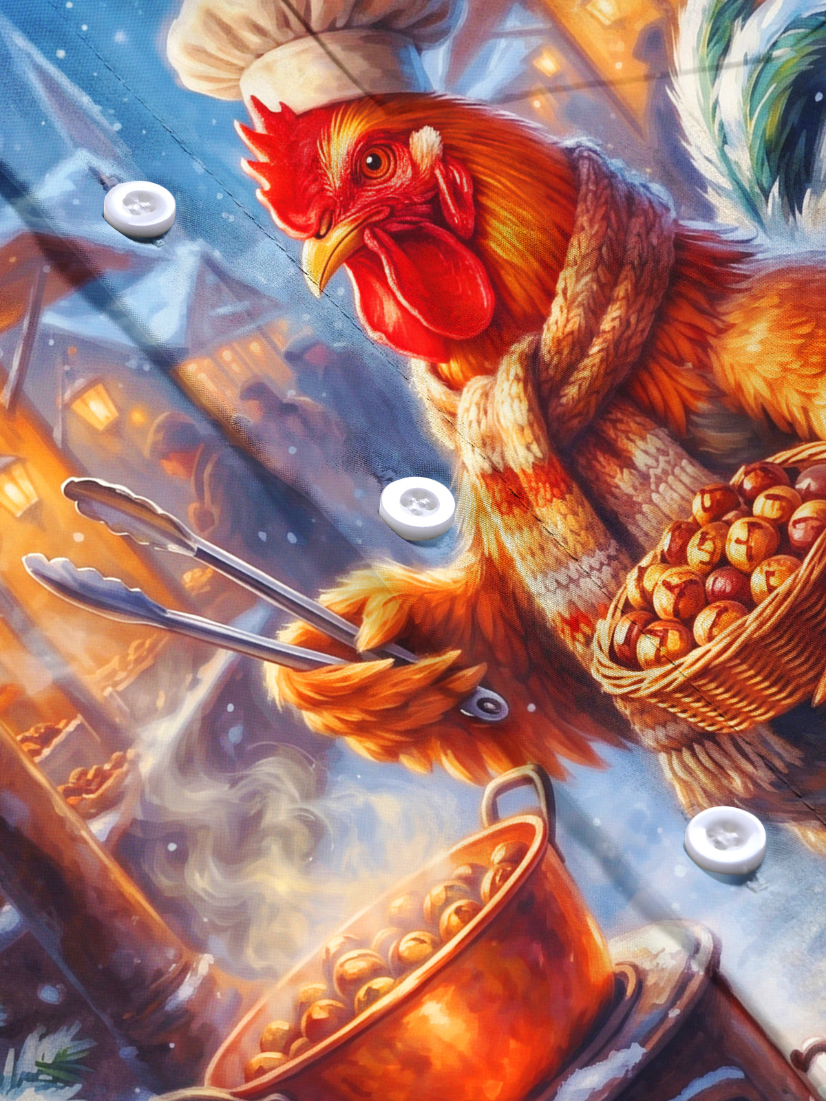 Adaychic Men's Graphic Rooster Chef Cooking Chestnuts Print Long Sleeve Shirt with Chest Pocket