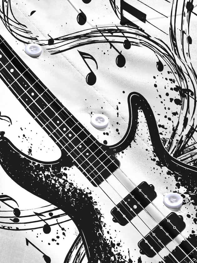 Adaychic Men's Long Sleeve Shirt - Electric Guitar And Piano Keys With Musical Notes Print with Chest Pocket