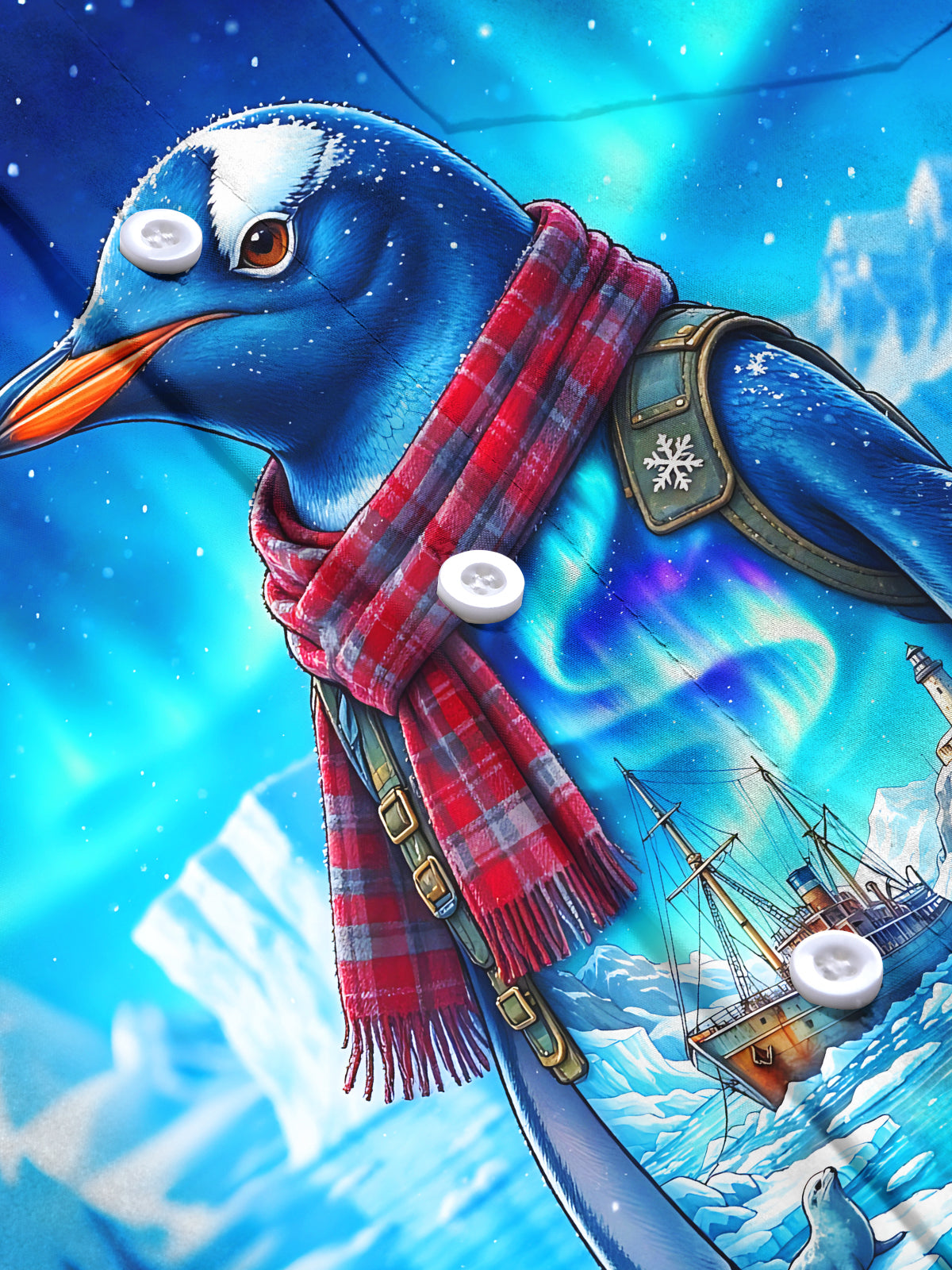 Adaychic Men's Penguin With Plaid Scarf And Backpack Print Long Sleeve Shirt with Chest Pocket
