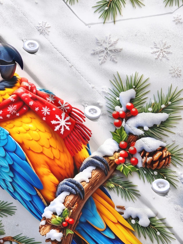 Adaychic Men's Graphic Christmas Parrot Print Long Sleeve Shirt with Chest Pocket