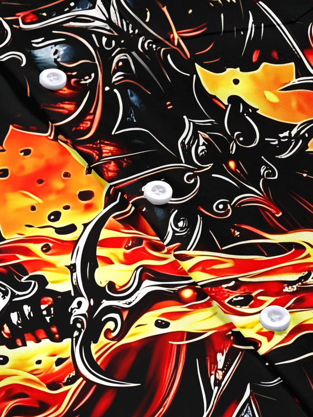 Adaychic Men's Graphic Flame Print Halloween Print Short Sleeve Shirt with Chest Pocket