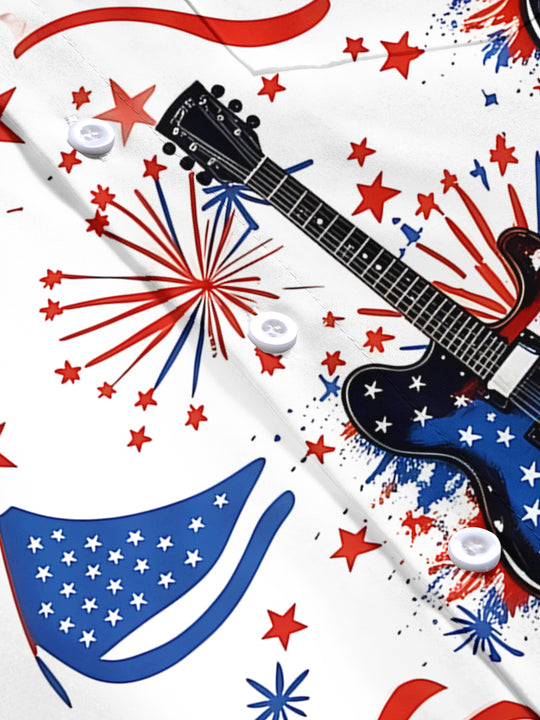 American Flag Guitar Fireworks Men's Pocket Short Sleeve Shirts