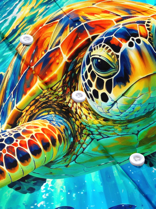 Adaychic Men's Hawaiian Sea Turtle And Coral Reef Print Short Sleeve Shirt with Chest Pocket