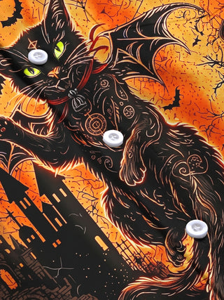 Adaychic Men's Halloween Black Cat With Bats And Castle Print Long Sleeve Shirt with Chest Pocket