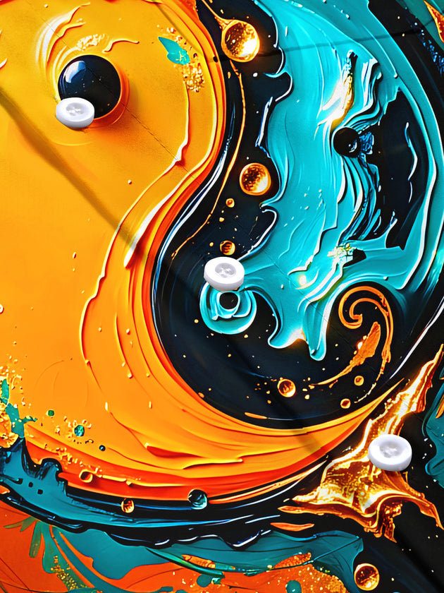 Adaychic Art Abstract Orange‑Blue Yin Yang Fluid Men's Printed Short Sleeve Shirt with Chest Pocket