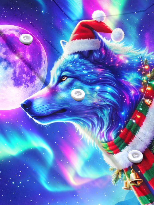 Adaychic Men's Wolf With Santa Hat And Christmas Scarf Print Long Sleeve Shirt with Chest Pocket
