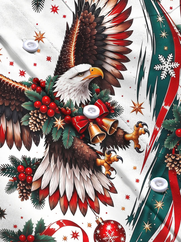 Adaychic Men's Printed Christmas Eagle Print Long Sleeve Shirt with Chest Pocket