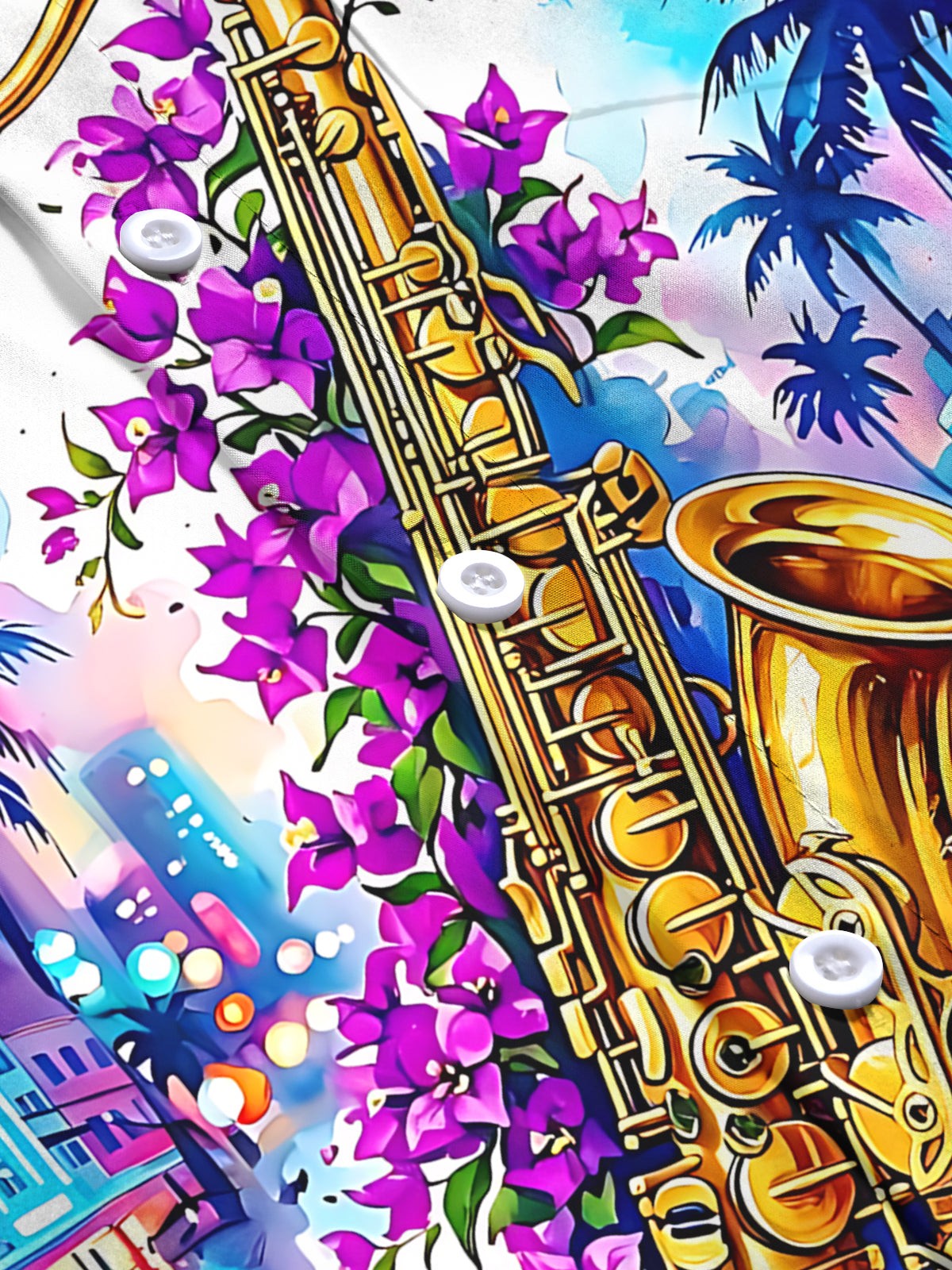 Adaychic Men's Hawaiian Saxophone And Purple Flowers Print Long Sleeve Shirt with Chest Pocket