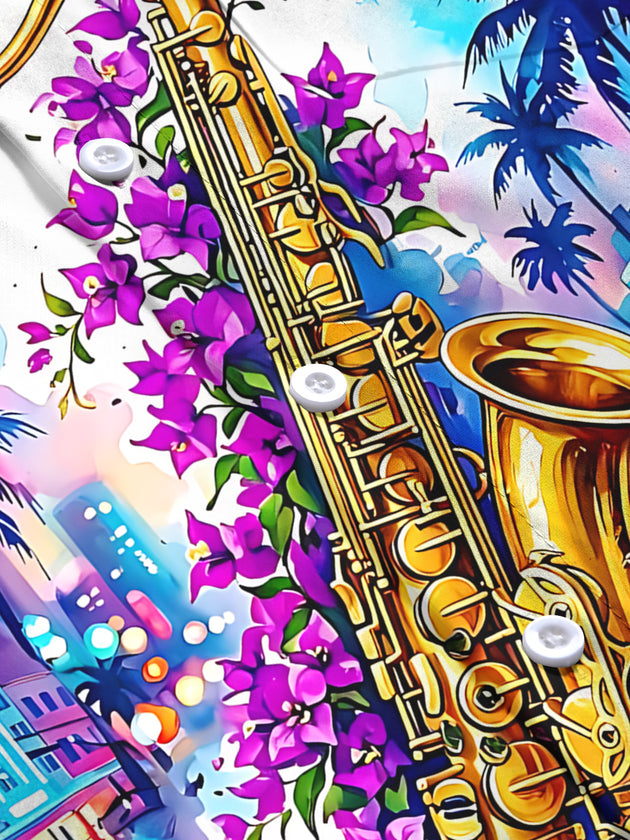 Adaychic Men's Hawaiian Saxophone And Purple Flowers Print Long Sleeve Shirt with Chest Pocket