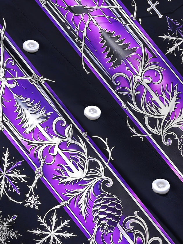 Adaychic Men's Long Sleeve Shirt - Gothic Church Window Patterns With Snowflakes And Crosses Print with Chest Pocket