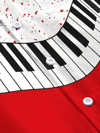 Adaychic Men's Graphic Piano Keyboard And Red Splatter Print Long Sleeve Shirt with Chest Pocket