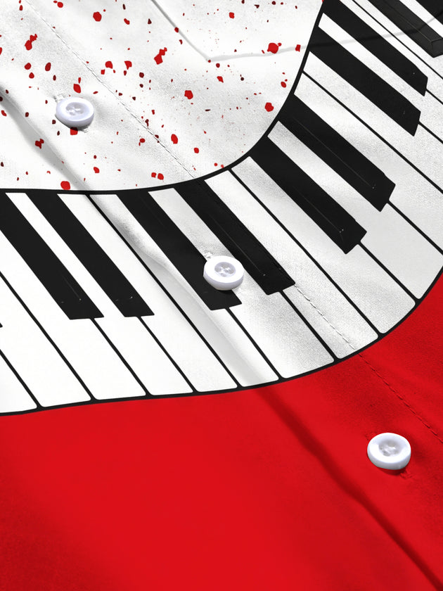 Adaychic Men's Graphic Piano Keyboard And Red Splatter Print Long Sleeve Shirt with Chest Pocket