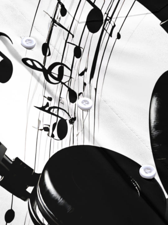 Adaychic Men's Printed Headphones Print Musical Notes Print Short Sleeve Shirt with Chest Pocket