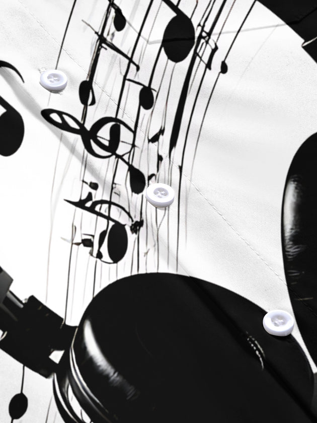 Adaychic Men's Printed Headphones Print Musical Notes Print Short Sleeve Shirt with Chest Pocket