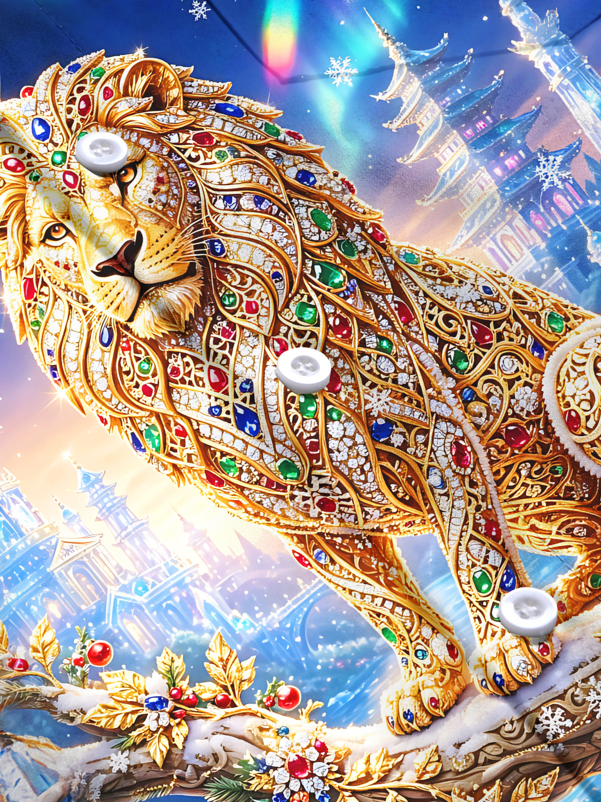 Adaychic Men's Long Sleeve Shirt - Winter Snow And Christmas Ornaments Print Gem Inlaid Lion Print with Chest Pocket