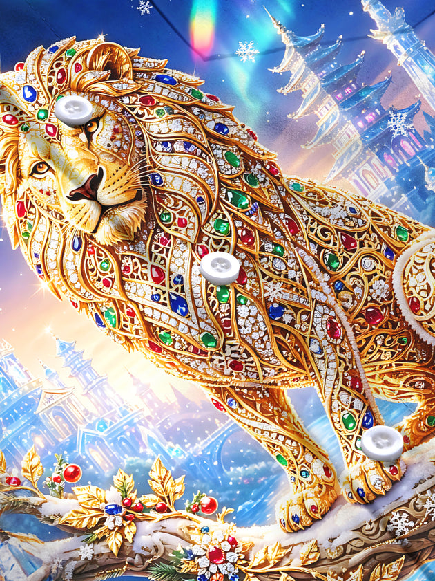 Adaychic Men's Long Sleeve Shirt - Winter Snow And Christmas Ornaments Print Gem Inlaid Lion Print with Chest Pocket