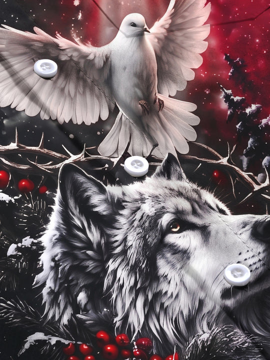 Adaychic Men's Long Sleeve Shirt - Christmas Wolf And Peace Dove With Snow And Berries Print with Chest Pocket