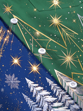 Adaychic Men's Long Sleeve Shirt - Color Block Christmas Trees And Golden Stars Print with Chest Pocket