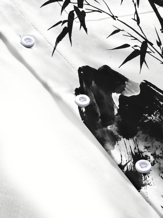 Adaychic Men's Printed Bamboo And Mountain Ink Wash Print Long Sleeve Shirt with Chest Pocket