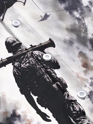 Adaychic Men's Long Sleeve Shirt - Soldier With Rocket Launcher And Helicopters In Warzone Print with Chest Pocket