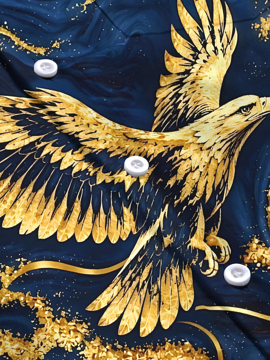 Adaychic Men's Graphic Abstract Golden Eagle Print Long Sleeve Shirt with Chest Pocket