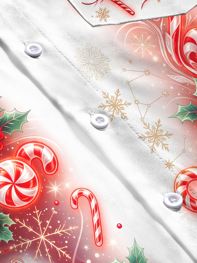 Adaychic Men's Christmas Candy Canes And Holly Berries Print Long Sleeve Shirt with Chest Pocket
