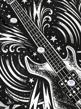 Adaychic Men's Bass Guitar With Stars And Lightning Print Long Sleeve Shirt with Chest Pocket