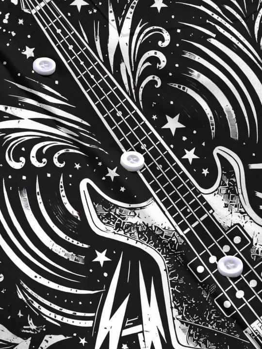 Adaychic Men's Bass Guitar With Stars And Lightning Print Long Sleeve Shirt with Chest Pocket