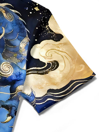 men's dragon print shirt close-up short sleeve