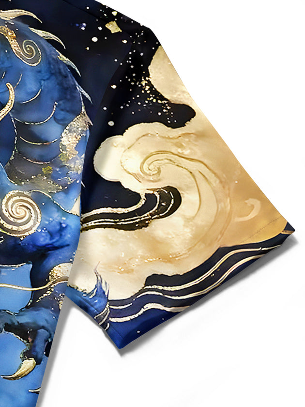 men's dragon print shirt close-up short sleeve