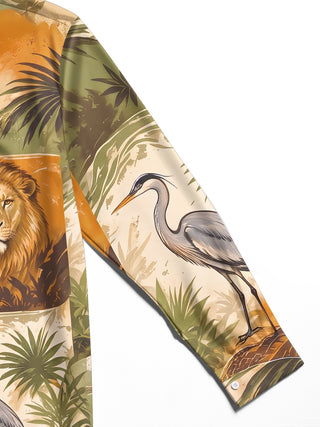 Adaychic Men's Hawaiian Lion And Heron Wildlife Print Long Sleeve Shirt with Chest Pocket