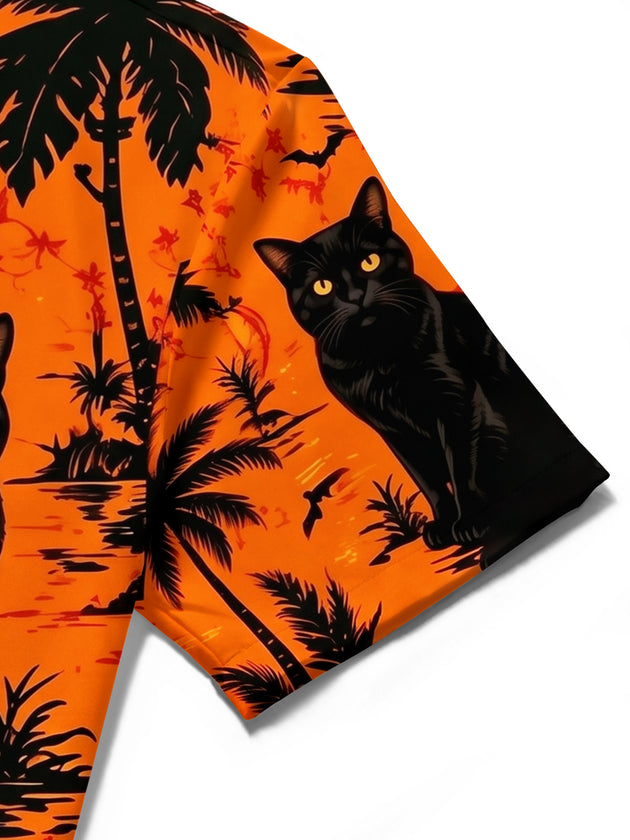 Adaychic Men's Hawaiian Black Cat Print Short Sleeve Shirt with Chest Pocket