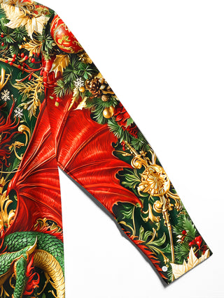 Adaychic Men's Oriental Dragon And Christmas Ornaments Print Long Sleeve Shirt with Chest Pocket
