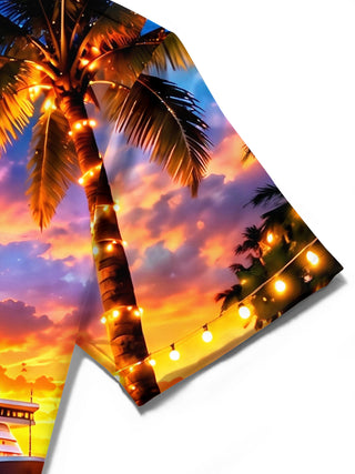 Adaychic Men's Cruise Ship And Palm Trees At Sunset Print Short Sleeve Shirt with Chest Pocket