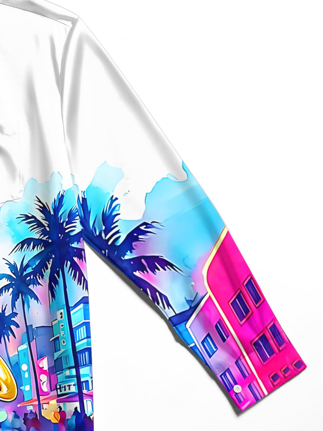 Adaychic Men's Hawaiian Saxophone And Purple Flowers Print Long Sleeve Shirt with Chest Pocket
