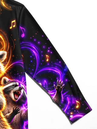 Adaychic Men's Long Sleeve Shirt - Singing Raccoons With Microphone And Musical Notes Print with Chest Pocket