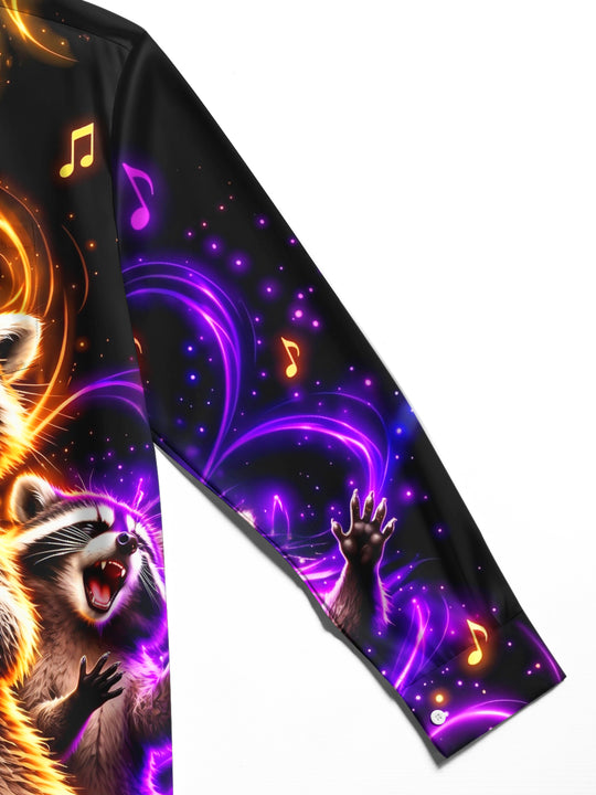 Adaychic Men's Long Sleeve Shirt - Singing Raccoons With Microphone And Musical Notes Print with Chest Pocket