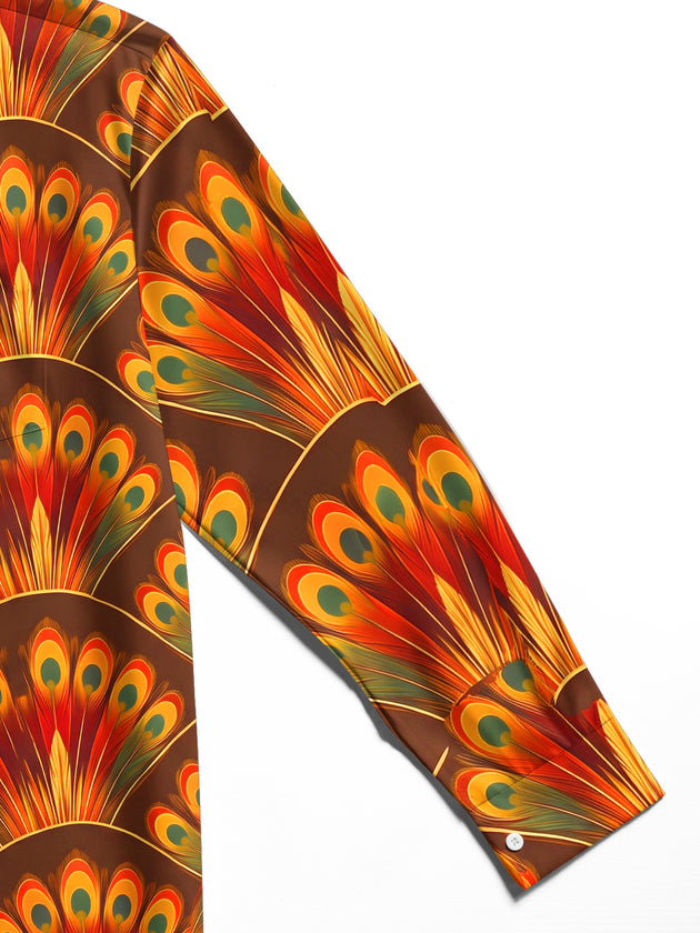 Adaychic Men's Printed Peacock Feathers Print Long Sleeve Shirt with Chest Pocket
