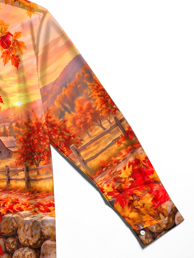 Adaychic Men's Printed Autumn Apple Orchard Landscape Print Long Sleeve Shirt with Chest Pocket