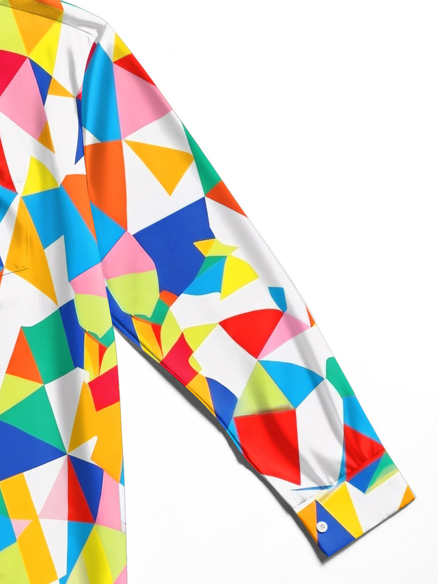 Adaychic Men's Printed Colorful Geometric Triangles Print Long Sleeve Shirt with Chest Pocket
