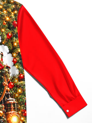 Adaychic Men's Long Sleeve Shirt - Vintage Steam Train With Christmas Ornaments And Pine Branches Print with Chest Pocket