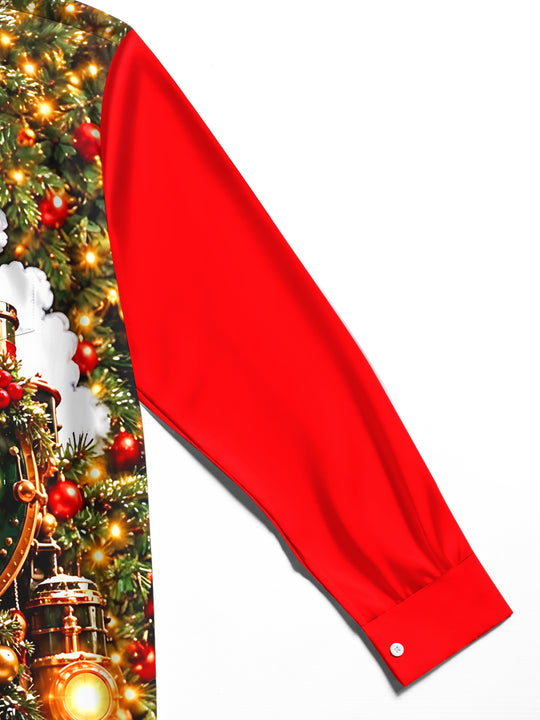 Adaychic Men's Long Sleeve Shirt - Vintage Steam Train With Christmas Ornaments And Pine Branches Print with Chest Pocket