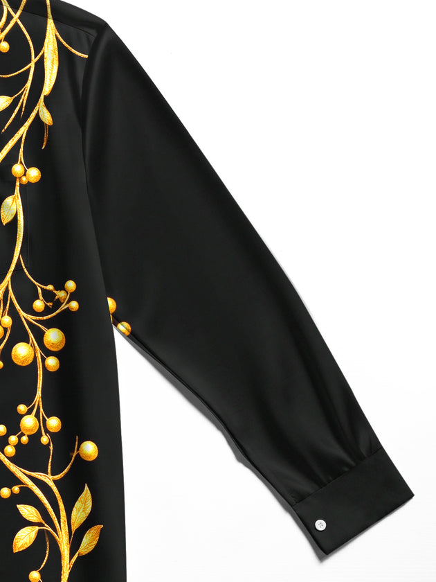 Adaychic Men's Printed Golden Branches And Snowflakes Print Long Sleeve Shirt with Chest Pocket