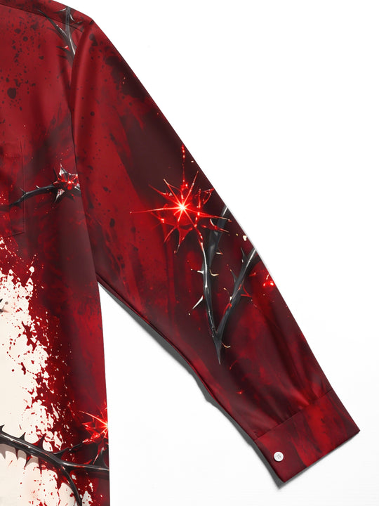 Adaychic Men's Printed Red Rose And Black Thorns Print Long Sleeve Shirt with Chest Pocket