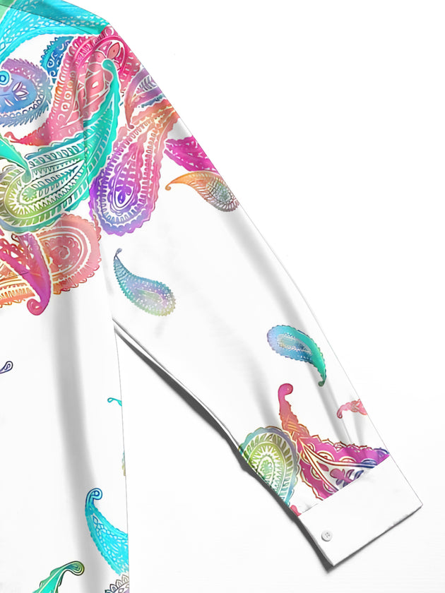 Adaychic Men's Printed Colorful Paisley Print Long Sleeve Shirt with Chest Pocket